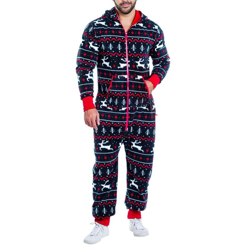Baju tidur pria, Jumpsuit Natal musim dingin termal tebal berkerudung pakaian tidur ritsleting cetak longgar Onesies pakaian rumah hangat baju monyet