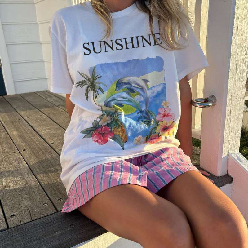 여성용 화이트 프린트 티셔츠, 루즈한 여름 데일리 스트리트웨어, 홀리데이 1 피스 의상, 재고