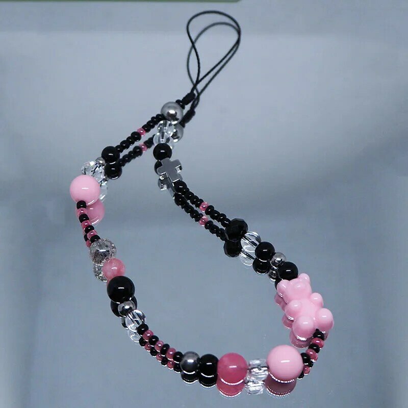 Pink Bear Mobile Phone Charm Strap Chain Lanyard for Women Black Glass Beads Silver Cross Girls Y2K Jewelry Pendant Accessories