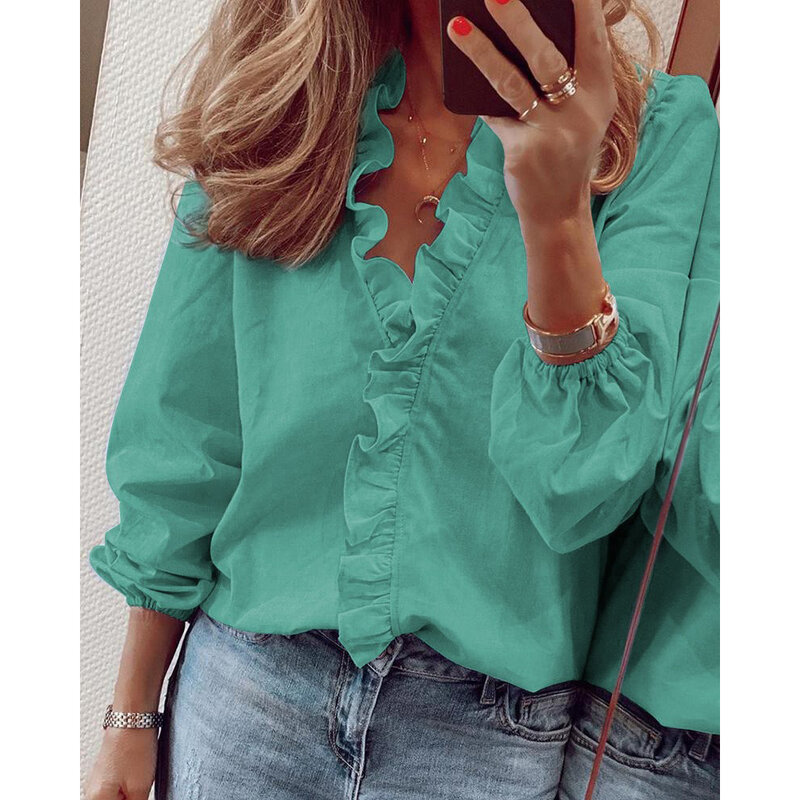 White Blouse Women Chiffon Ruffles Solid Loose Fit Womens Tops And Blouses Casual V Neck Lantern Sleeve Plus Size Shirts Tunic