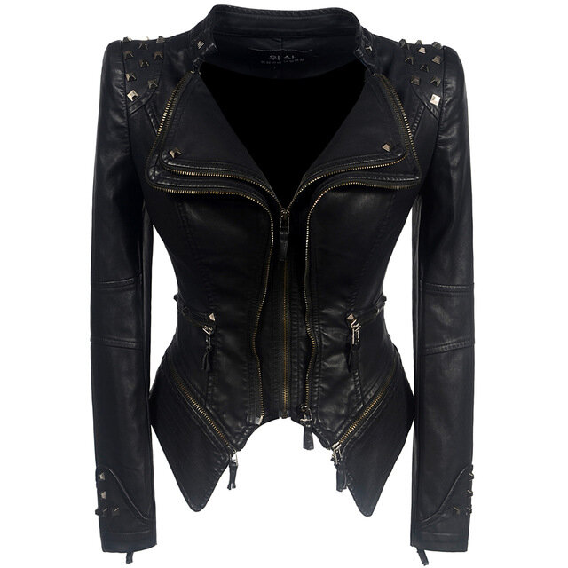 Женская однотонная мотоциклетная куртка, черная куртка из искусственной кожи с длинным рукавом, Осень-зима 2023