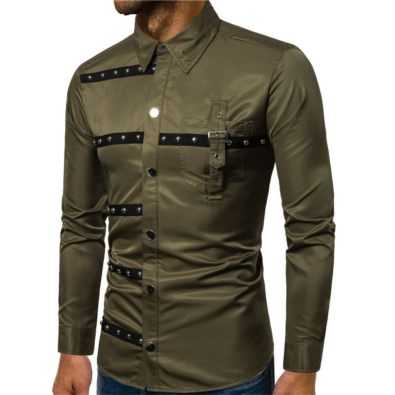 New Mens Button Up Shirt Vintage Rivet Stripe Lapel Collared  Long Sleeve Slim Shirts Streetwear Man Gothic Evening Dress Shirt