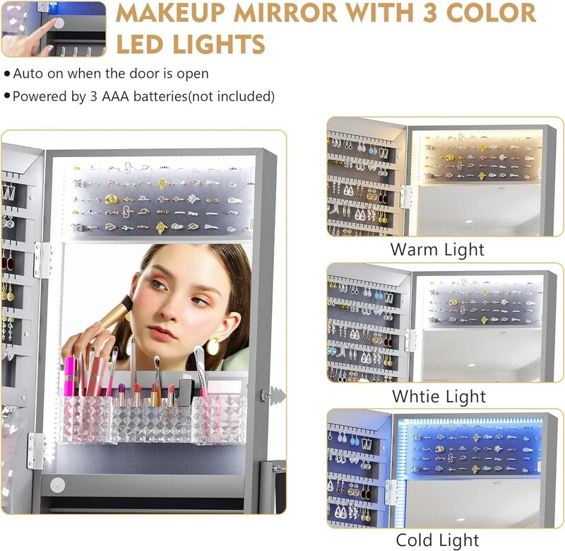 Lockable LED Jewelry Organizer, armário giratório, espelho de corpo inteiro, grande capacidade, design acrílico, Chão de bloqueio magnético