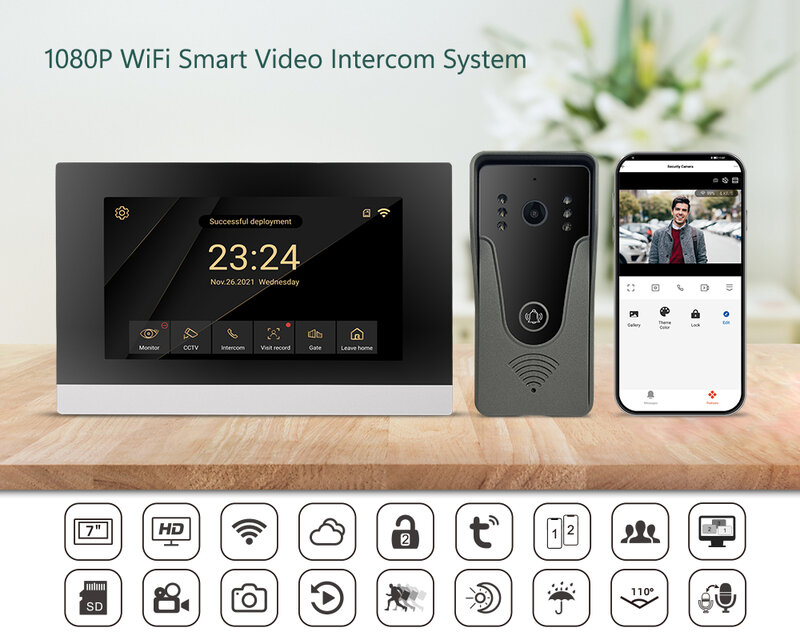 Telepon Pintu Sistem Interkom Video 1080P untuk Rumah Bel Pintu Video Pintar WiFi Nirkabel dengan Bel Pintu Berkabel Aplikasi TUYA