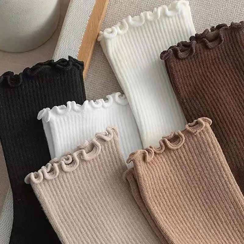 1/6 Pairs/Lot Women's Ruffled Mid Length Socks Breathable Solid Color Set Spring And Autumn Comfort Sweat-absorbing Girls' Socks