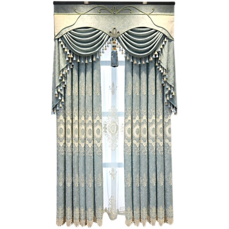 Luxurious European Curtains for Living Room Bedroom Embroidered Chenille Blue Light Blackout Floor-standing Villa Valance