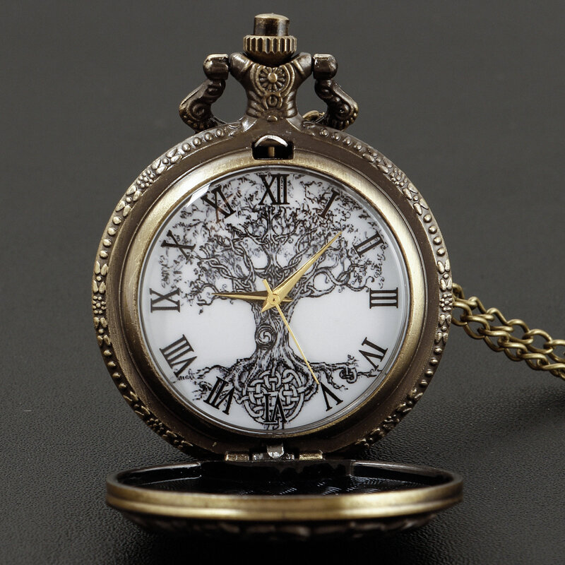 Uomo donna collana catena quarzo fob orologio Vintage albero della vita modello schizzo pittura a inchiostro quadrante orologio da tasca bronzo