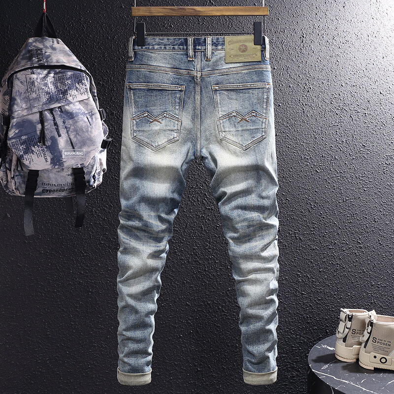 Italiaanse Stijl Mode Mannen Jeans Hoge Kwaliteit Retro Blauwe Elastische Slim Fit Gescheurde Jeans Mannen Broek Vintage Designer Denim Broek
