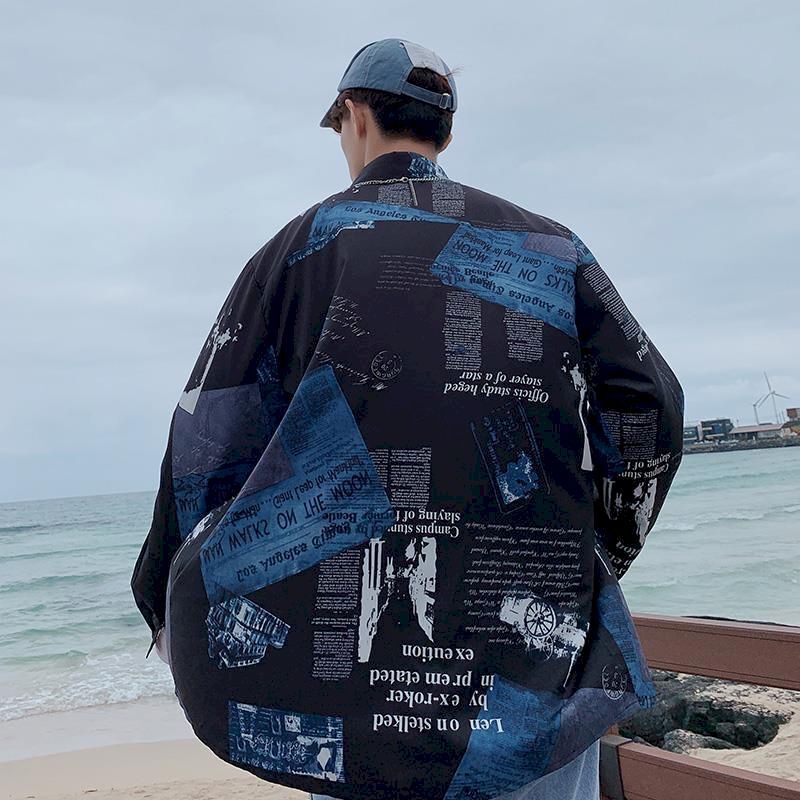 Camisa masculina coreana solta com tendência líquida estampada, camisa de manga comprida, camisa casual que combina com tudo, jaqueta elegante da moda, nova primavera, 2023