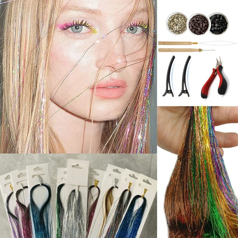 وصلات شعر مع أدوات نسائية ، طقم بهرج ، وصلات شعر لامعة ، 12 لونًا ، خيوط الشعر ، إكسسوارات الشعر