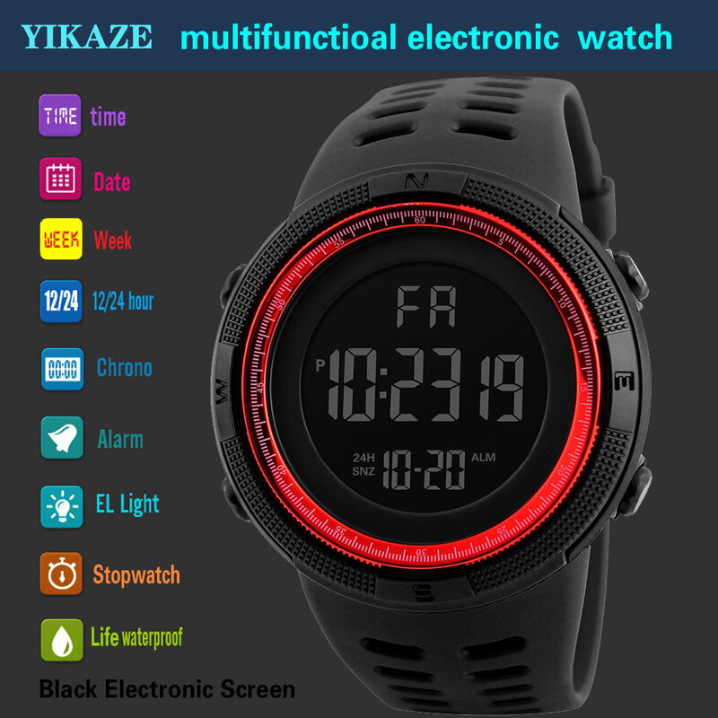 Yikaze Heren Digitaal Elektronisch Horloge Sport Glow 50Mm Grote Wijzerplaat Student Outdoor Avontuur Trend Multifunctionele Horloges Klok