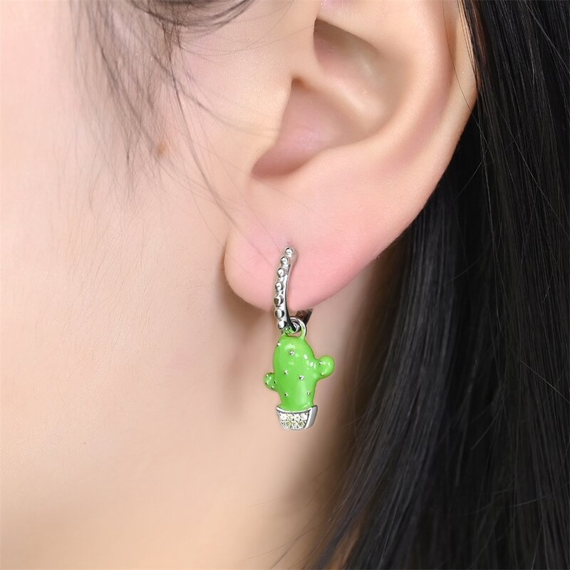 Unique 925 Sterling Silver Green Cactus Potted Earrings For Women's Exquisite Daily Jewelry Accessories