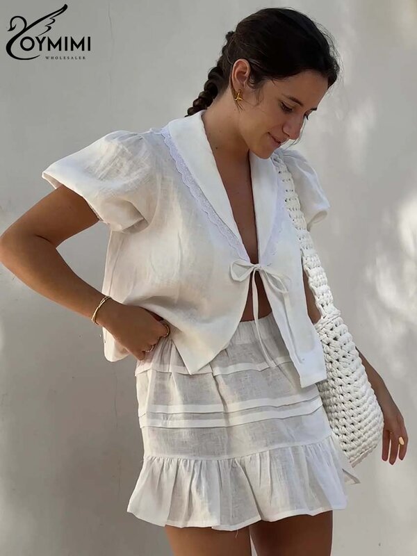 Элегантный белый Хлопковый Женский комплект Oymimi из 2 предметов, Повседневная рубашка с коротким рукавом и шнуровкой и плиссированная мини-юбка, женские комплекты