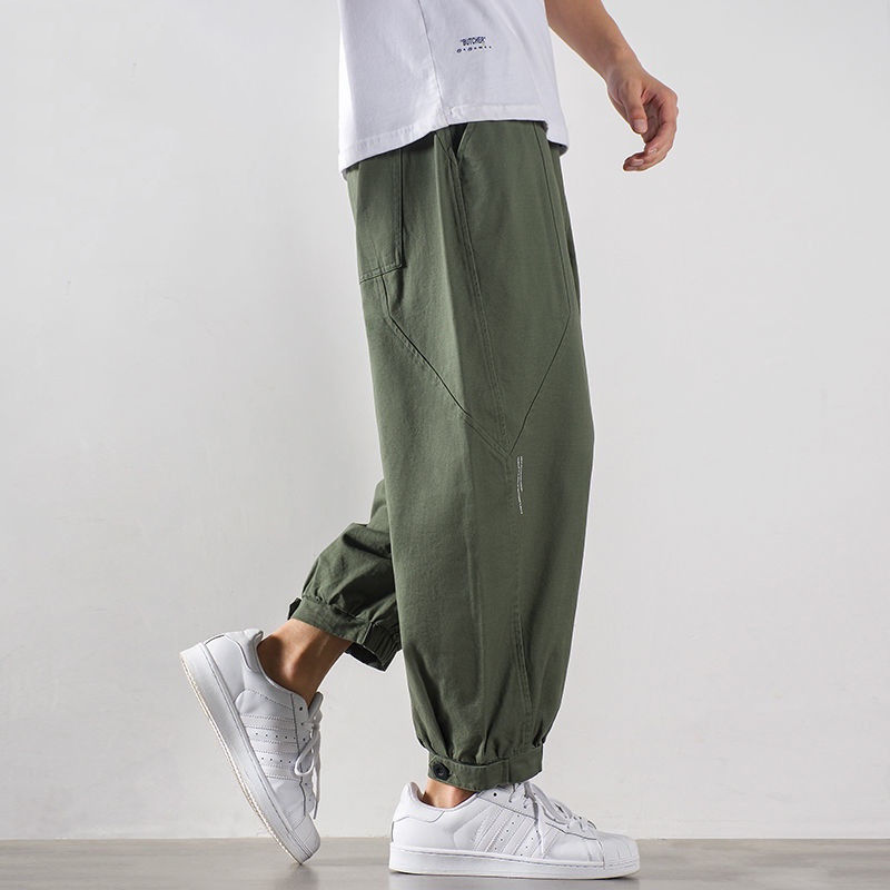 Wiosna lato nowy jednolity kolor moda elastyczna talia spodnie do kostek mężczyzna główna ulica czysty bawełniana z kieszenią patchworkowe spodnie