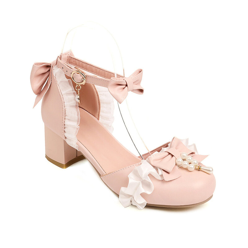 Lolita Girls Mary Janes Shoes Sandals Bowknot Princess Ruffles Sweet Bride Wedding Party Dress Pumps Cosplay Pink Plus Size30-48