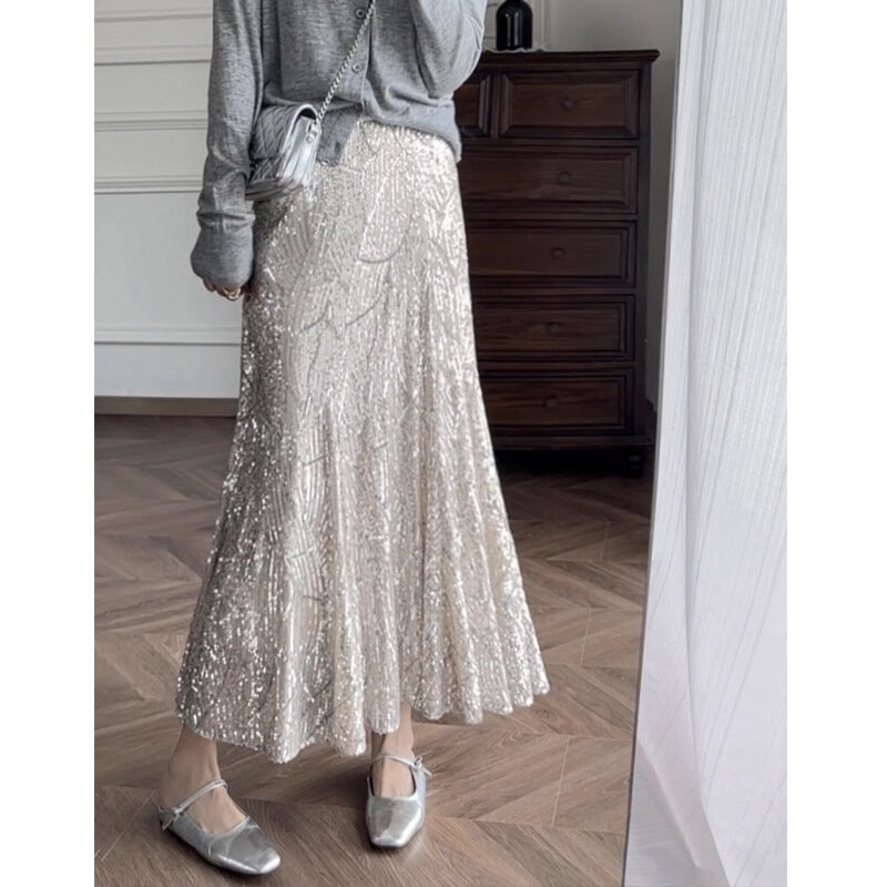 Summer Solid Color Sequin Women's Slim Fit Elastic High Waisted Slimming A-line Mid Length Wrapped Hip Fishtail Skirt