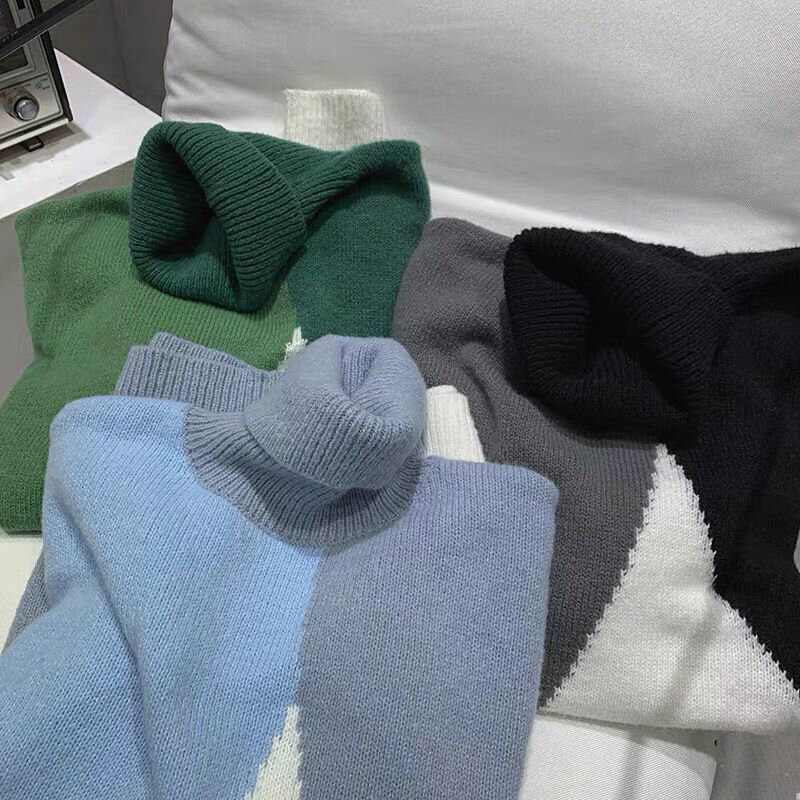 Winter Turtleneck Sweater Men Long Sleeve Spliced Hit Color Thickened Keep Warm Fashion Harajuku Oversized Pullover Clothing Top