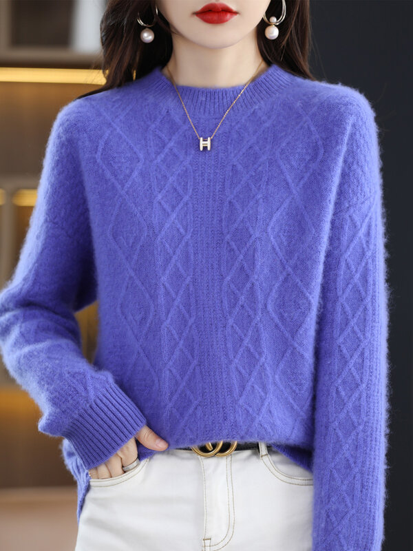100% Merino Sweater wol wanita musim gugur musim dingin tebal pullover leher-o lengan panjang putar kasual kasmir rajutan Fashion Korea