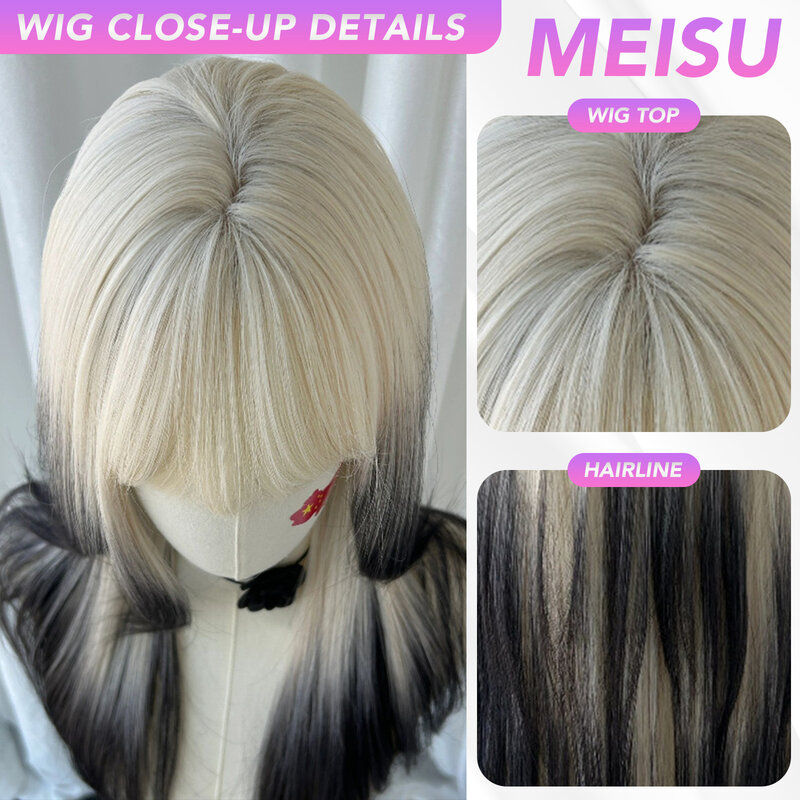 MEISU 여성용 스트레이트 가발, 블랙 블루 에어 앞머리, 24 인치 섬유 합성 가발, 내열성 내츄럴 파티 또는 셀카 일상 사용