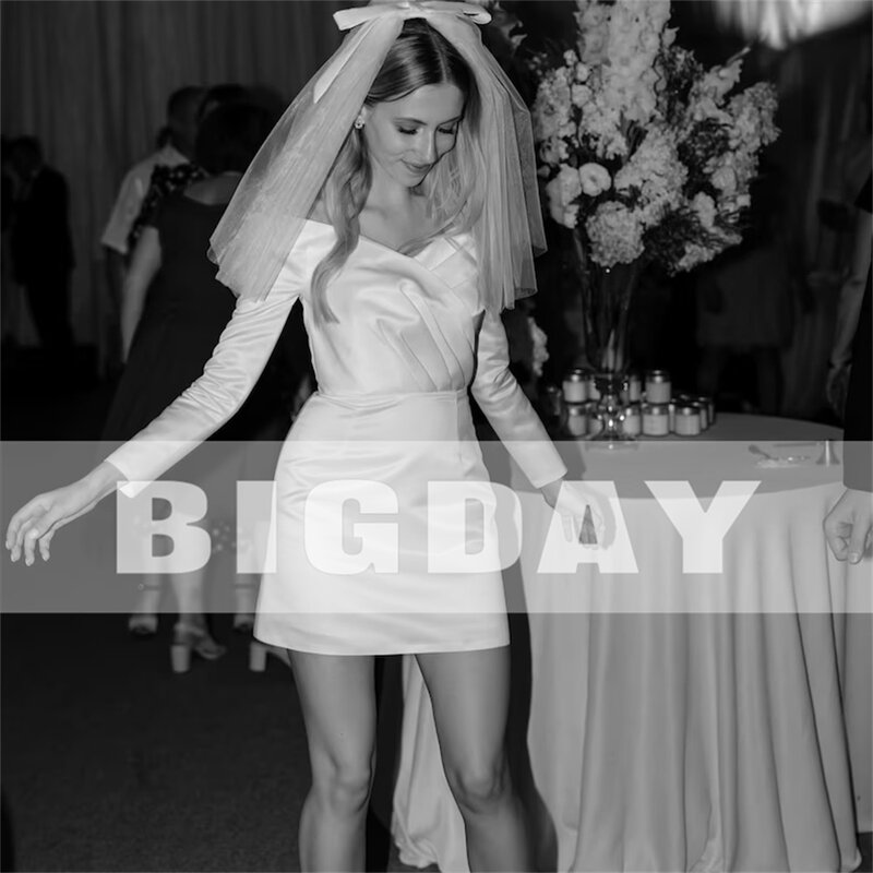 Женское Короткое свадебное платье, элегантное простое плиссированное платье выше колена с длинным рукавом и открытой спиной, 2024