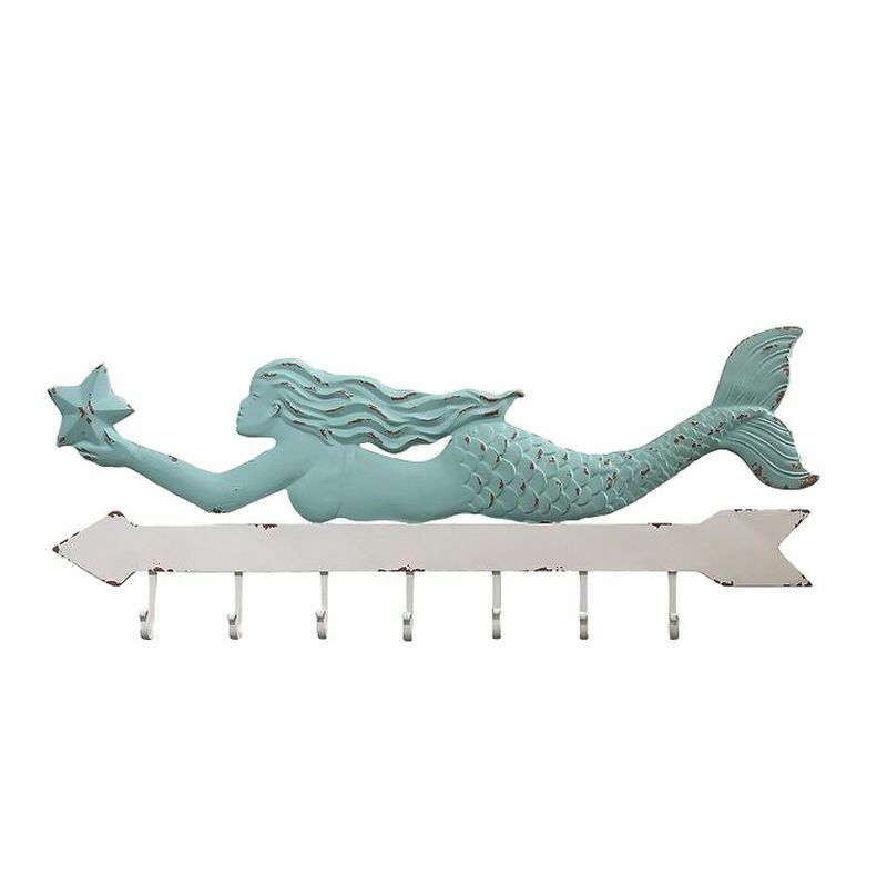 Metal Mermaid Wall Decor with 7 Hooks for Whimsical and Practical Hanging