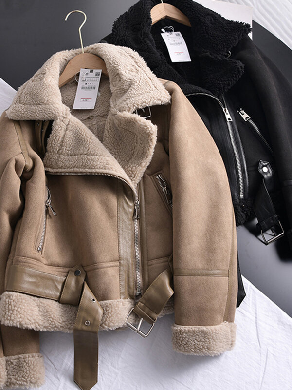 Traf-chaqueta gruesa y cálida de ante para mujer, abrigo corto de piel de oveja sintética para motocicleta, color marrón, para invierno