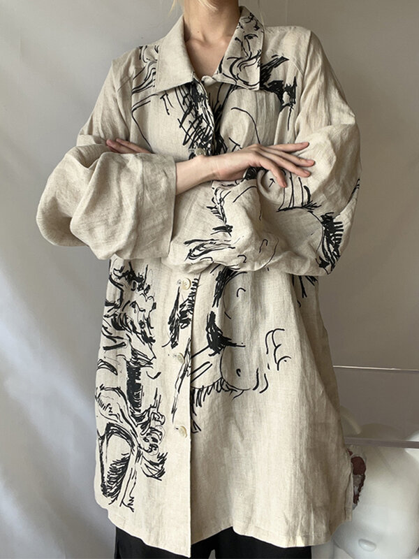 Yohji yamotos เสื้อโอเวอร์ไซส์ทำสีเชิ๊ตผ้าลินินลายวาดด้วยมือดีไซน์หรูเสื้อเชิ๊ตผู้ชาย
