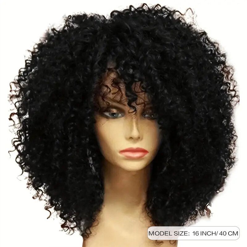 Wig rambut keriting 16 inci Afro Kinky dengan poni lembut serat sintetis halus tidak ada wig berenda untuk penggunaan pesta Cosplay sehari-hari