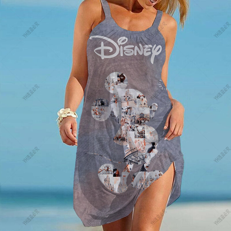 Sling Summer Woman Beach Boho Disney Loose Print Mickey Fashion Elegant Dresses for Women Sexy 2024 Minnie Mouse Women's Dress