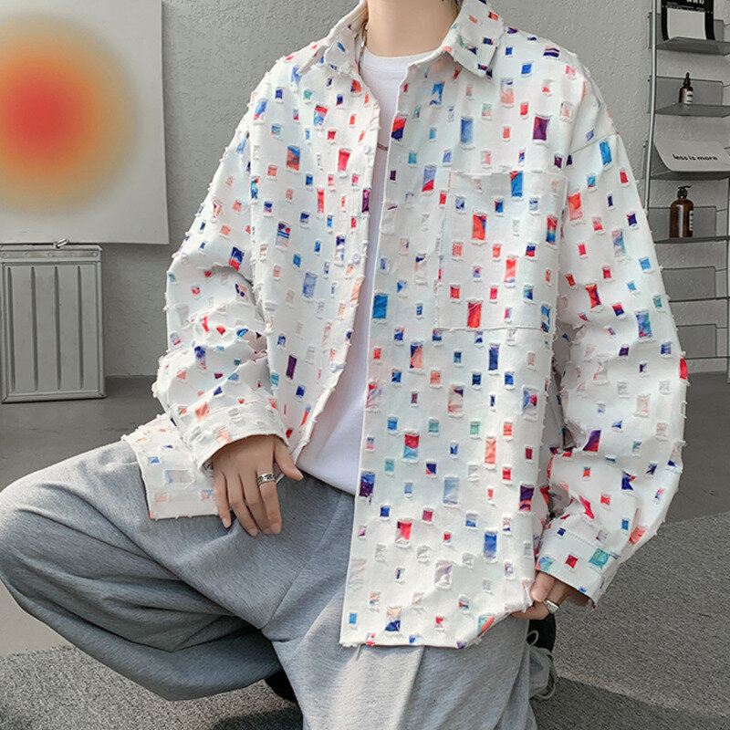 Neymei-男性用シングルブレストラペル付きルーズカジュアルシャツ,耐久性のあるカラー,パッチワークファッション,オールマッチブラウス,w8560
