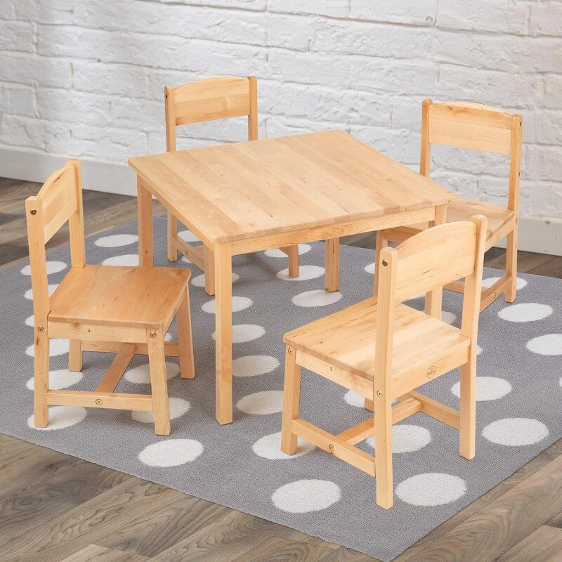 Drewniany stół wiejski i 4 zestaw mebli z krzesłami, meble dla dzieci do sztuki i aktywności-naturalny, prezent dla dzieci w wieku 3-8 lat