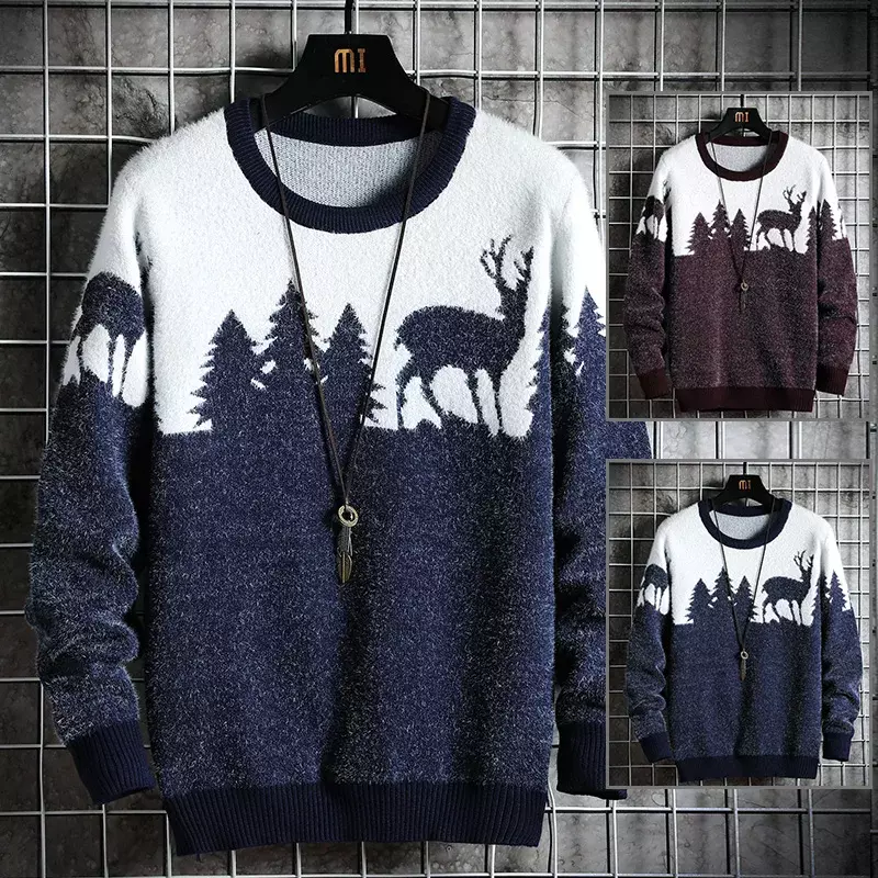 패션 2022 남성용 크리스마스 엘크 스웨터, 가을 남성 루즈 스웨터, 브랜드 캐주얼 겨울 의류, 따뜻한 두꺼운 풀오버 상의, 신상