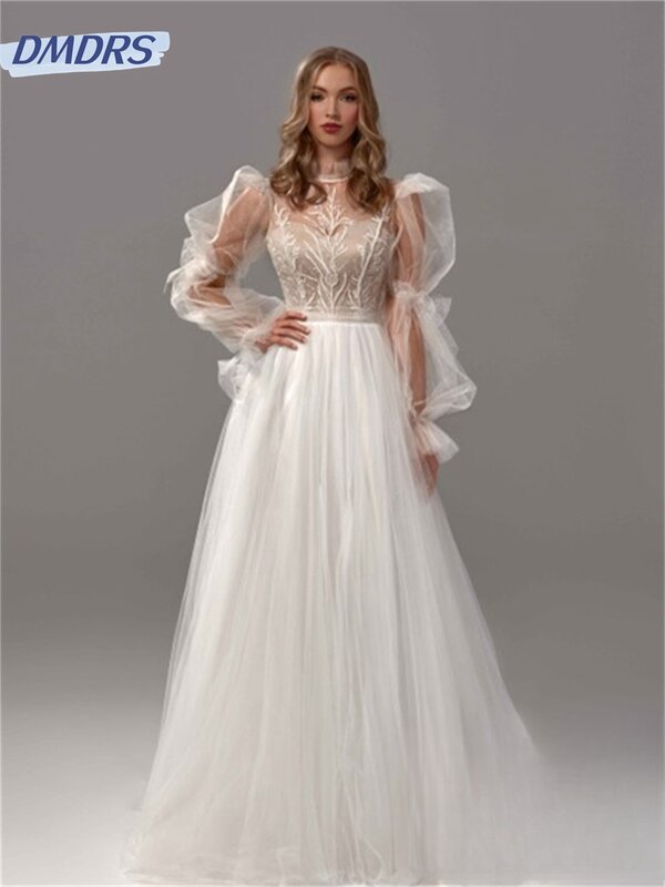 Suknie ślubne z elegancka, długa rękawami 2024 luksusowa suknia ślubna z aplikacjami romantyczna tiulowa sukienka do podłogi Vestidos De Novia