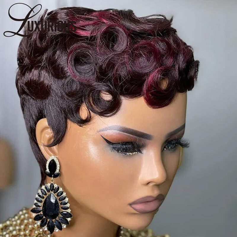 Pelucas de cabello humano brasileño Remy para mujeres negras, corte Pixie prearrancado, pelucas cortas completas hechas a máquina, sin pegamento, jengibre Burdeos