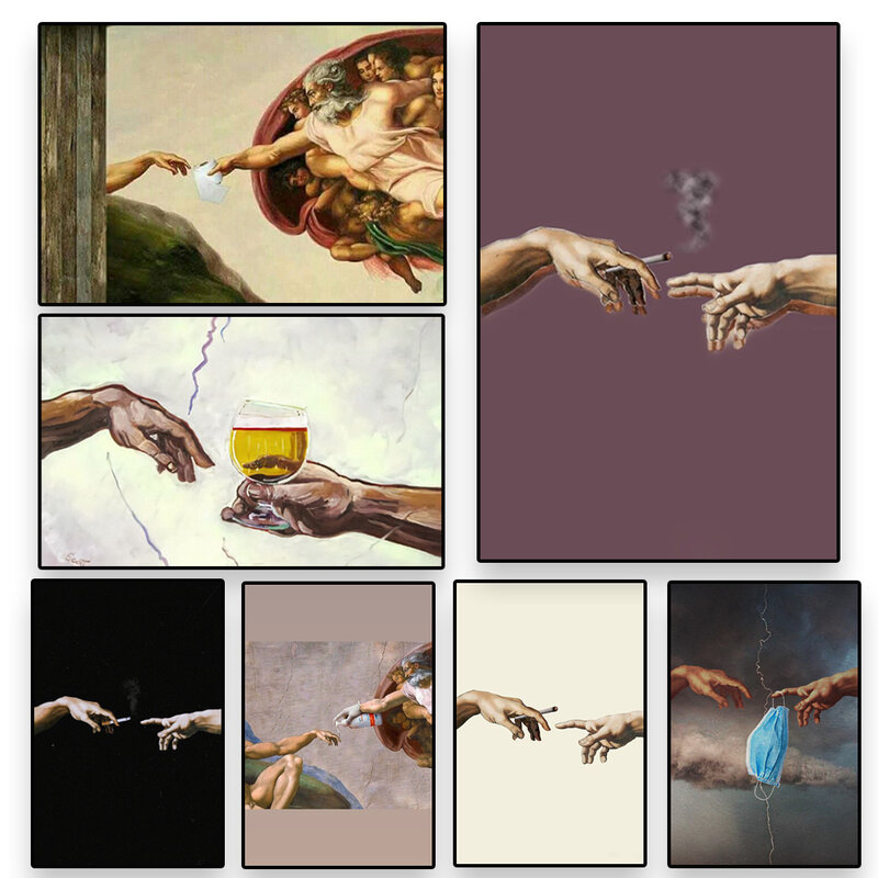 Funny Hand Of God โปสเตอร์การสร้าง Adam พิมพ์ภาพวาดผ้าใบศิลปะบนผนัง Renaissance ศิลปะ Wash Room Home Hiasan Kamar