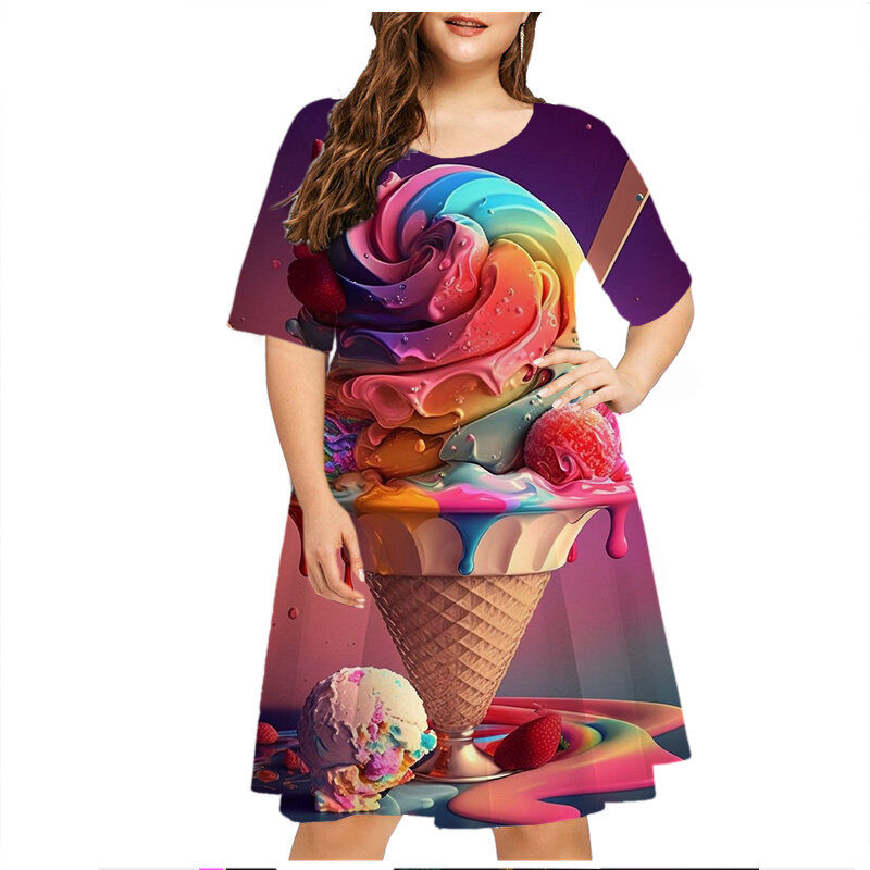Summer Sweet Party Ice Cream Floral Print Dress Fashion Women Short Sleeve A-Line Dress Casual Loose Dress Plus Size 6XL Clothes