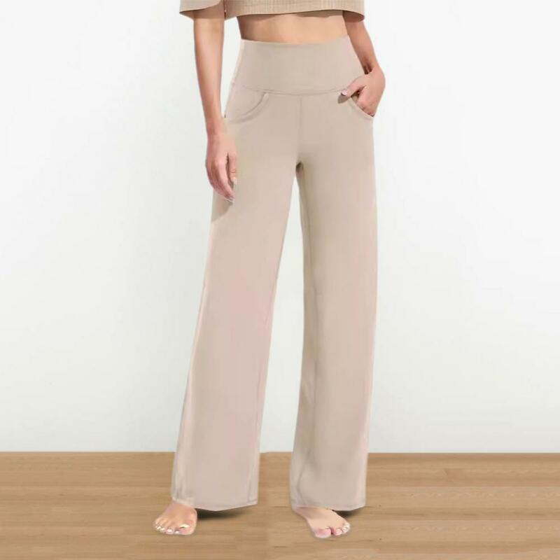 Calça feminina de ioga de cintura alta com bolsos laterais, calças largas, streetwear casual, elegante, controle de barriga