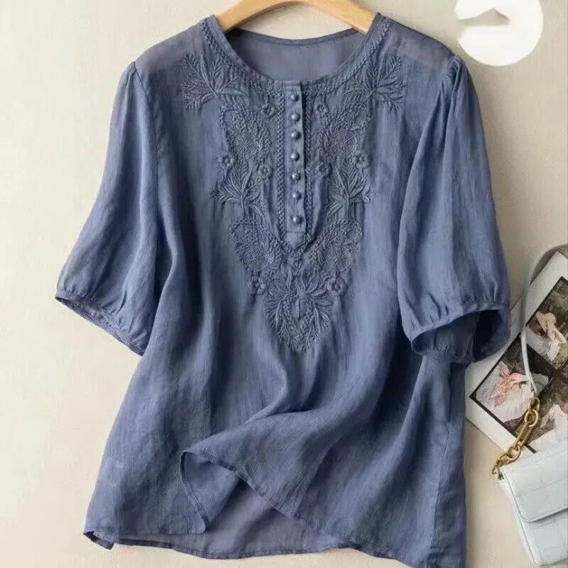 Summer New Women's Fashion Retro Loose Crew Neck T-shirt Solid Color Embroidered Button Short Sleeve All-match Cotton Linen Tops