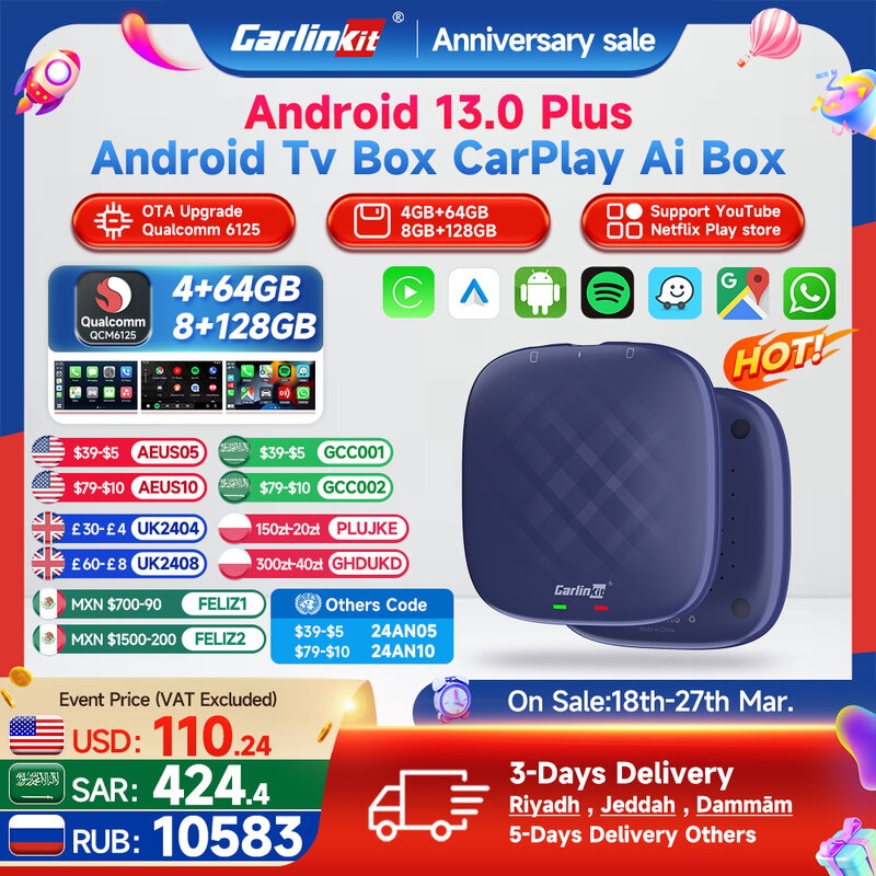Carlinkit-Wireless CarPlay AI TV Box Plus, Android 13, 8 + 128GB, QCM, 8-Core, 665, 6125, Automático, YouTube, Netflix, 4G LTE