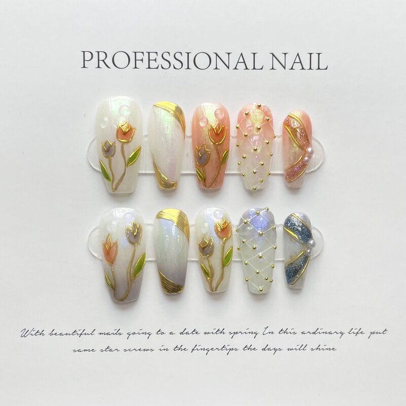 Tulips Handmade Nails Press on Full Cover Manicuree Hand-painted False Nails Wearable Artificial With Tool Kit