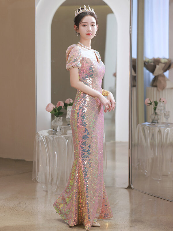 Robe sirène à paillettes pour femmes, Cheongsams, robe de banquet élégante, longue robe de Rh, luxe, nouveau, éducatif, F. C.