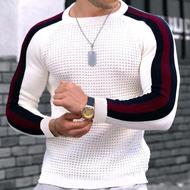 Camiseta de cuello redondo con contraste para hombre, camisa de punto suelta informal, ajustada, Color sólido, Top de moda