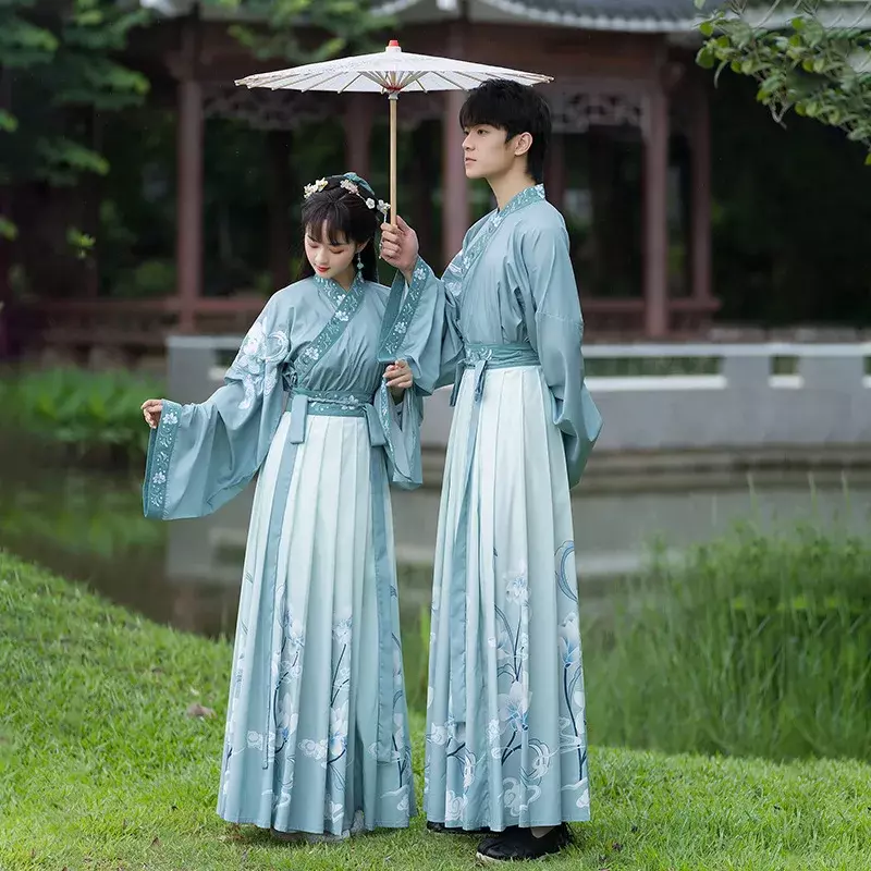 Originele Weijin Dynastie Paar Hanfu Jurk Blauw Borduurwerk Gradiënt Hanfu Jurk Volwassen Carnaval Kostuum Voor Mannen Vrouwen Plus Size