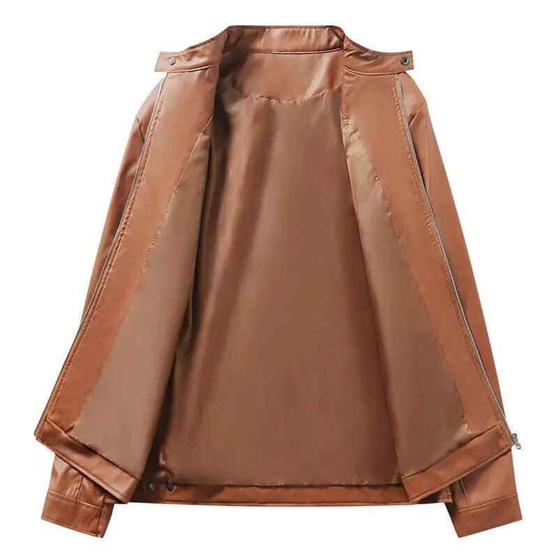 2024 giacca in pelle sottile da uomo di alta qualità con colletto rialzato tasca con cerniera cappotto da uomo in pelle decorato da motociclista
