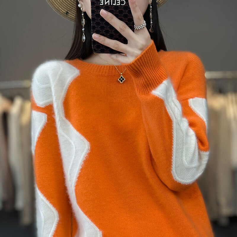 Autumn and Winter New 100% Pure Woolen Sweater Women's Crew Neck Color Contrast Thickened Sweater Loose Slouchy Cashmere Knitted