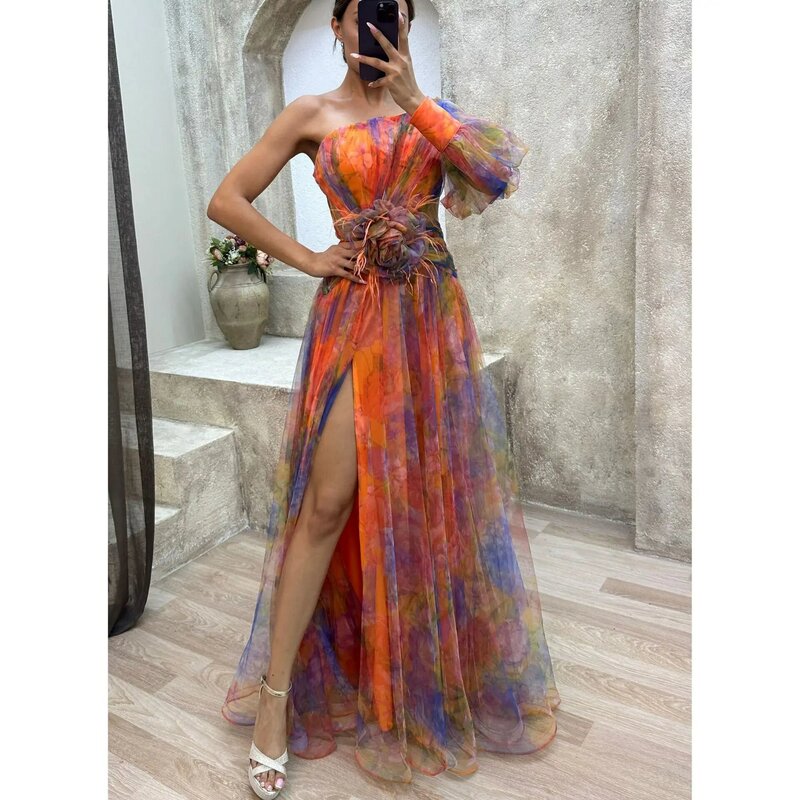 Women Tulle Printed Party Dress Sexy One Shoulder Long Sleeve Applique High Split Prom Dresses Elegant Ladies Cocktail Maxi Gown