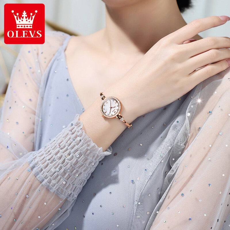 Jam tangan gelang wanita, arloji Quartz berlian buatan tahan air untuk perempuan