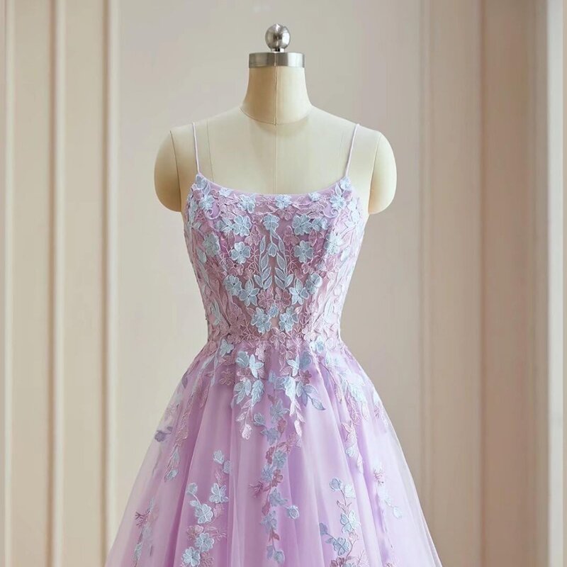 Wakuta-Lace Bordado Prom Dresses, Spaghetti Strap, Long Ball Gowns, Elegante A Line Vestido de festa formal