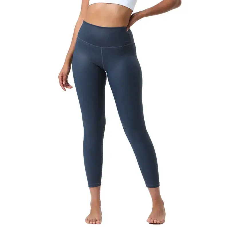 Celana Yoga wanita, celana kebugaran olahraga kulit buatan tekstur nilon, celana Yoga elastis tinggi