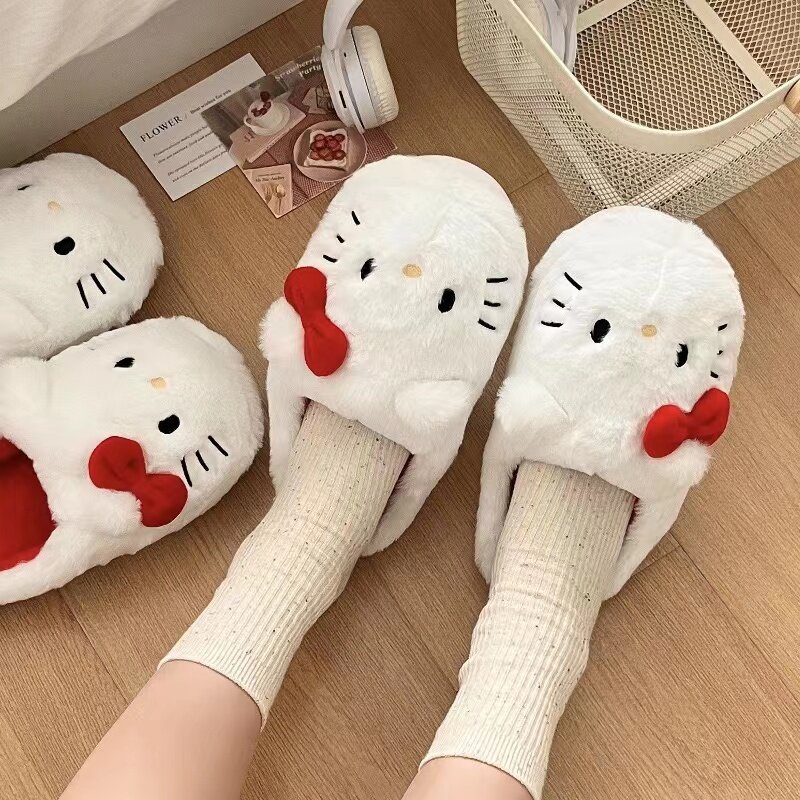 Sanrio-Zapatillas de felpa de Hello Kittys Kawaii para niñas, zapatos acolchados suaves para dormitorio, Otoño e Invierno